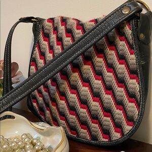 1970’s Woven Chevron Crossbody Bag in Black, Gray & Red and Black Leather